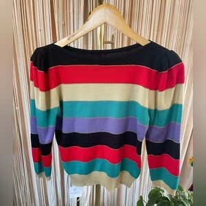 Colorful Striped Knit Sweater red, black, teal, purple, tan, gold crew neck